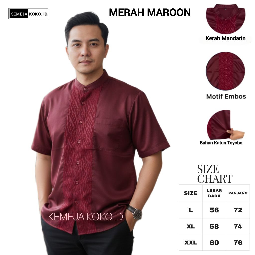 Baju Koko Pria Lengan Pendek | Baju Koko Warna Merah Maroon Bahan Katun TOYOBO Motif Embos Lengan Pe