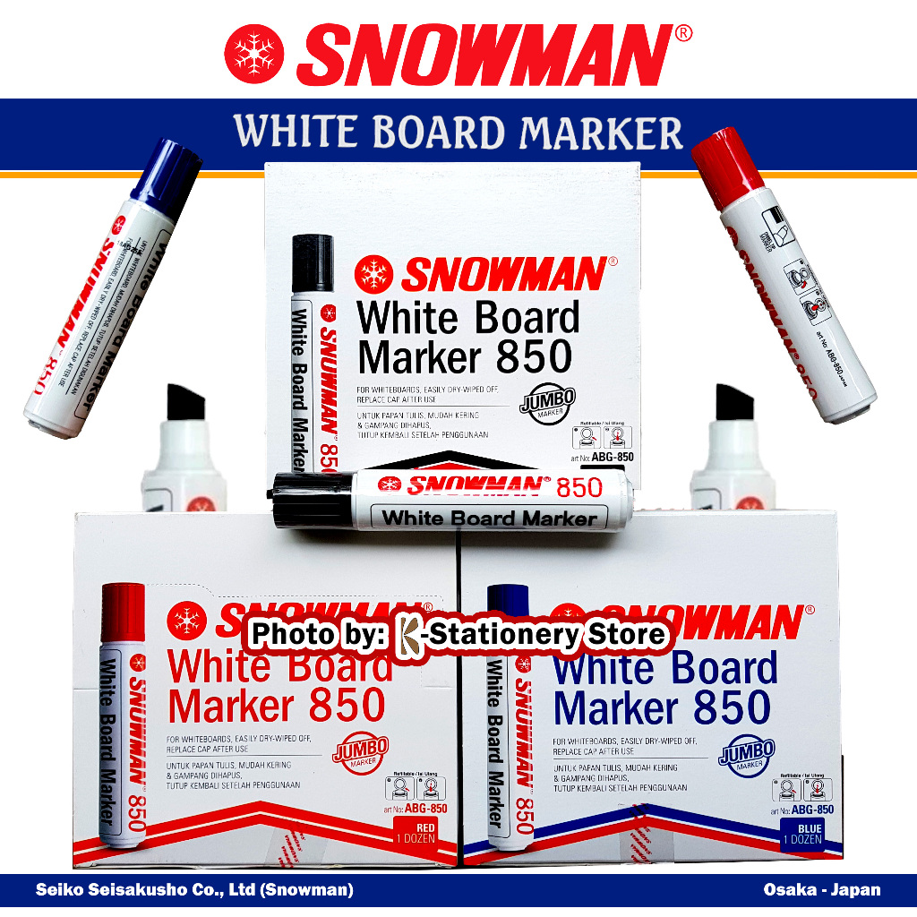 [Lusin • 12 pcs] Spidol Whiteboard Kaligrafi Jumbo Snowman ABG-850 • Non Permanent • Refillable