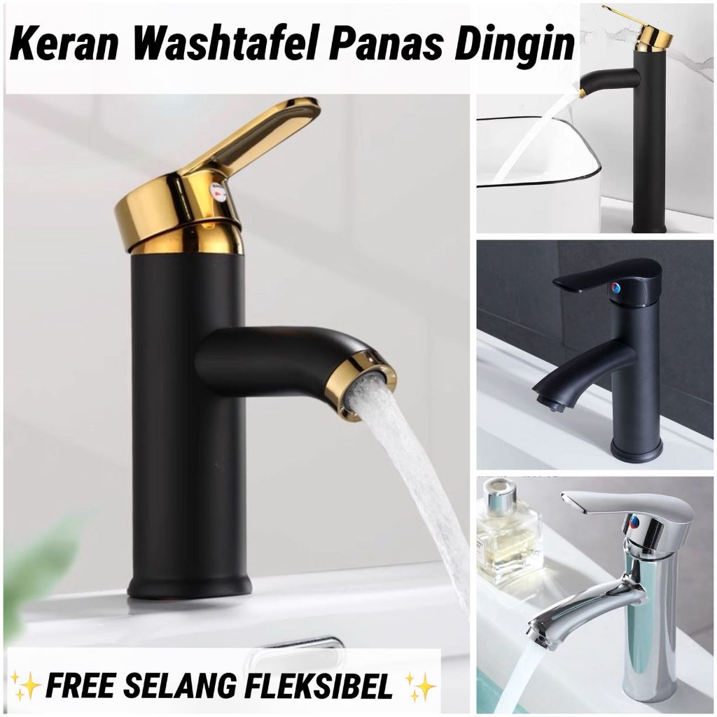 Kran Washtafel Air Panas Dingin SS 304 Kepala Up-Down Hitam Gold