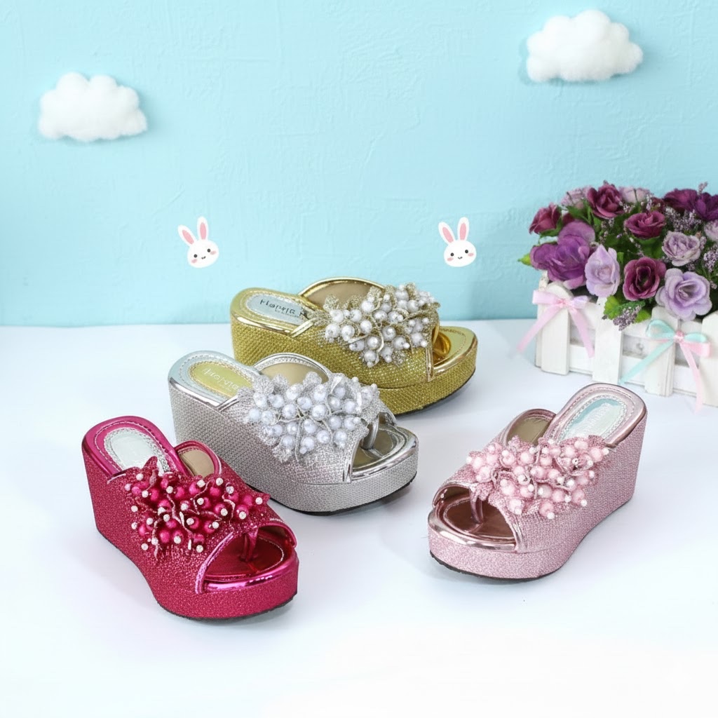 Sepatu Sandal Anak Cewek Import Glitter Mutiara Cantik | Sandal Pesta Anak Perempuan  Model Princess