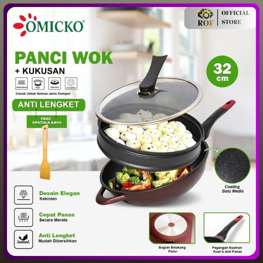 Panci Wok Serbaguna 32CM Omicko – Anti Lengket + Tutup Kaca & Steamer / Kukusan, Bisa Tumis Goreng R