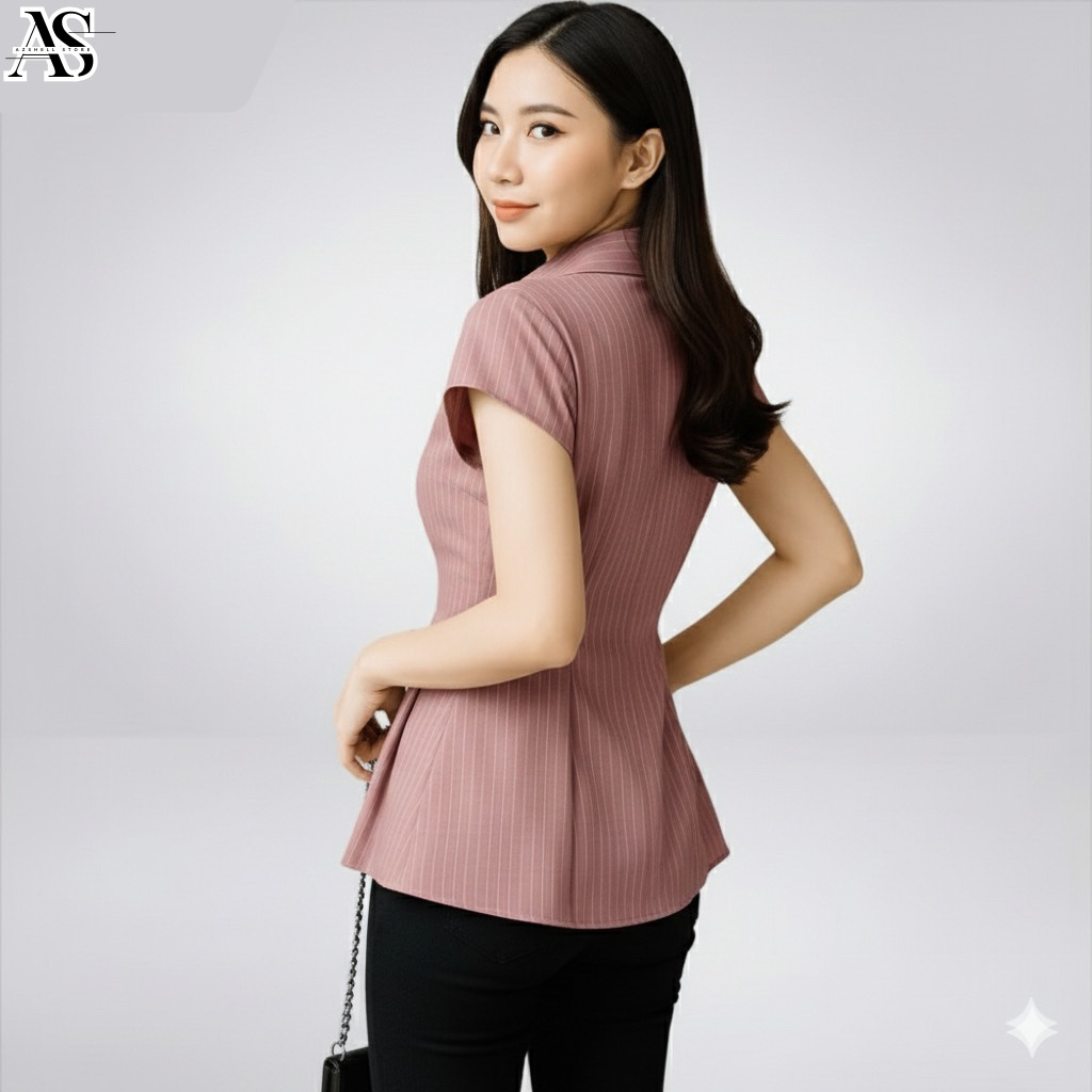 Alba Top - Kemeja Wanita Salur Slim Fit Lengan Pendek | Atasan Kemeja Cewek Kekinian | Baju Kerja Wa