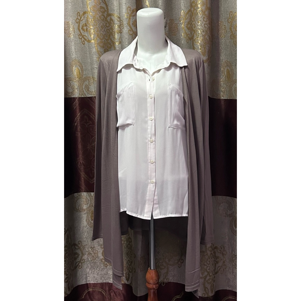 preloved kemeja putih mix cardigan mocca / baju wanita menyatu model unik kekinian