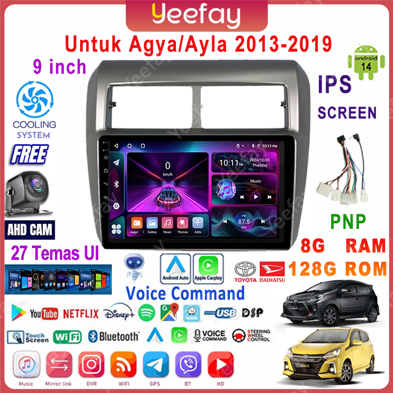 LALAHOO Untuk Agya/Ayla 2013-2019   8G+128G Android 14 Head Unit  Termasuk Frame/PNP Soket 9 Inch