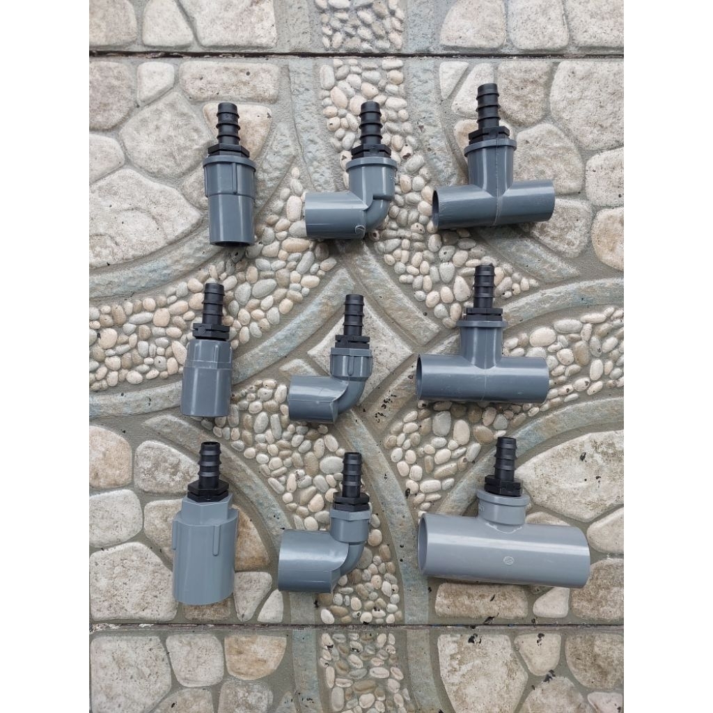 1 set sambungan pipa pvc 1/2 inch ke konektor selang 1/2 inch atau 12mm, socket knee tee drat dalam 
