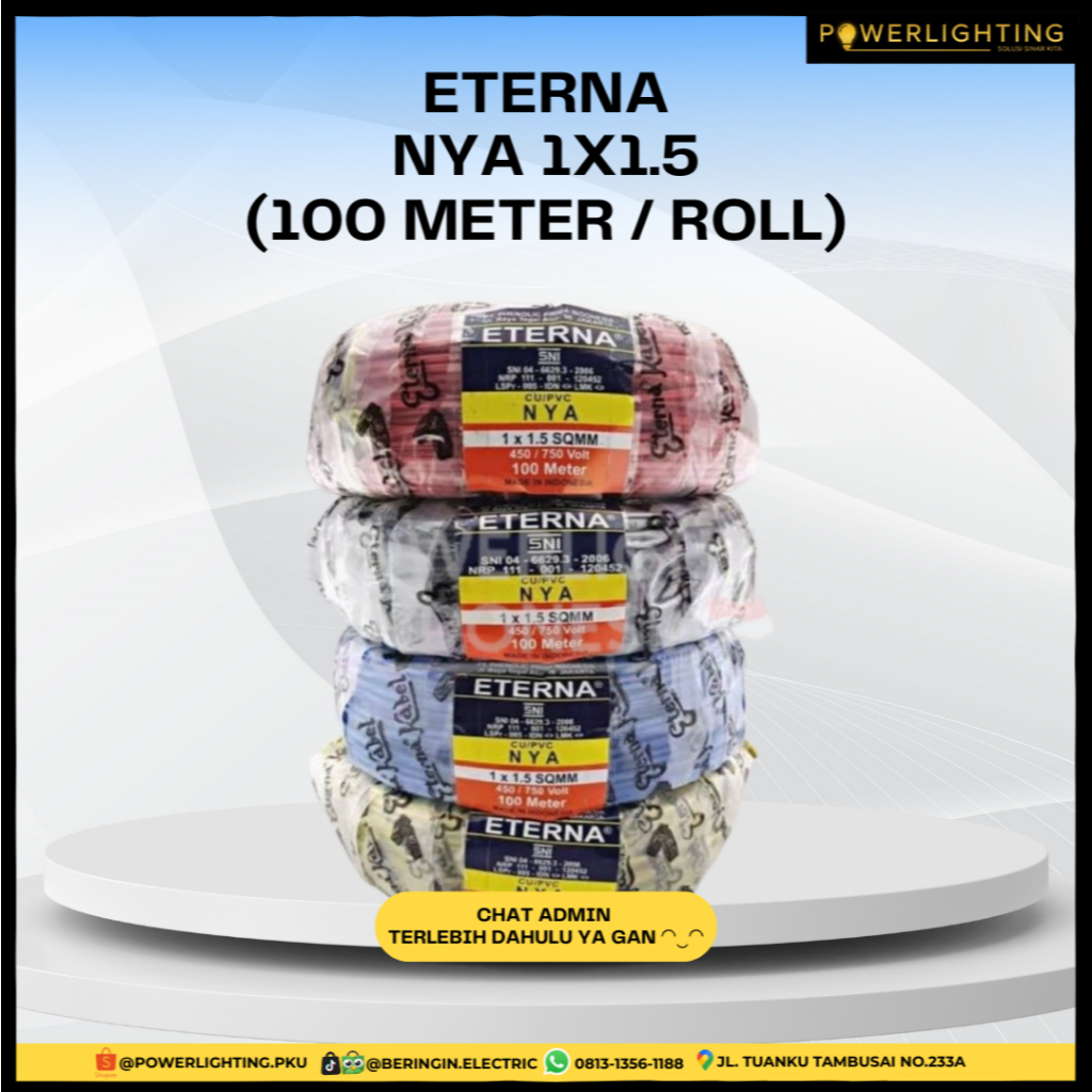 Eterna Kabel Listrik NYA 1×1.5 mm / 1×2.5 mm 100Meter – Tembaga Solid, Standar PLN Per Roll