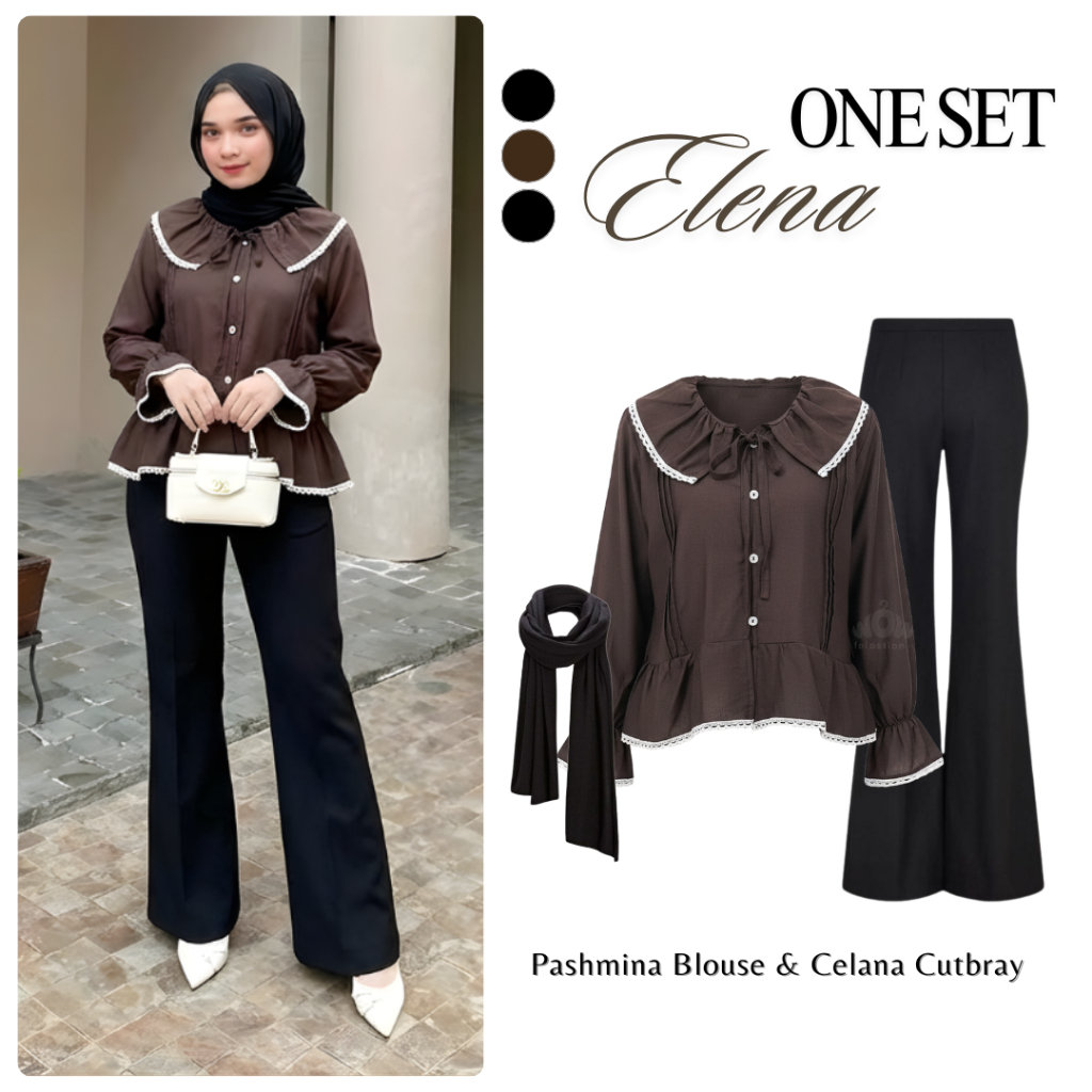 Ellena Set 3in1 Outfit Korean Style | Blouse Tali coquette - Pashmina - Cutbray Pants | Daily Look C
