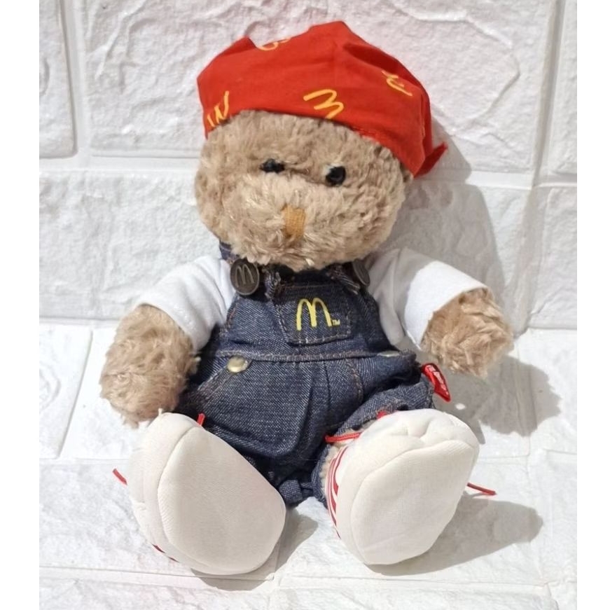 boneka tedi teddy bear beruang kostum baju overall denim original.brand mcd mcdonalds lepas segel be