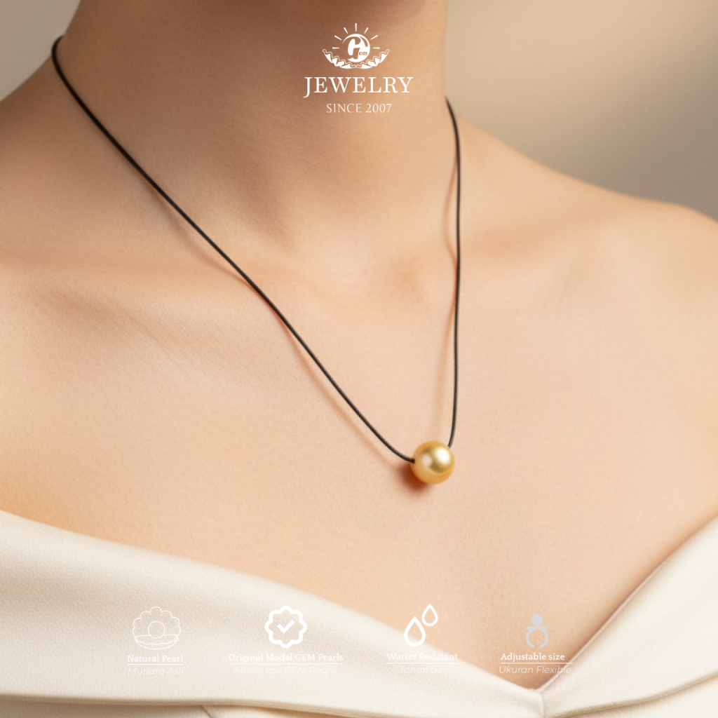 Kalung Mutiara Kuning Asli Air Laut Lombok Golden Pearl | Mutiara Off-Round Langka Eksklusif | Perhi