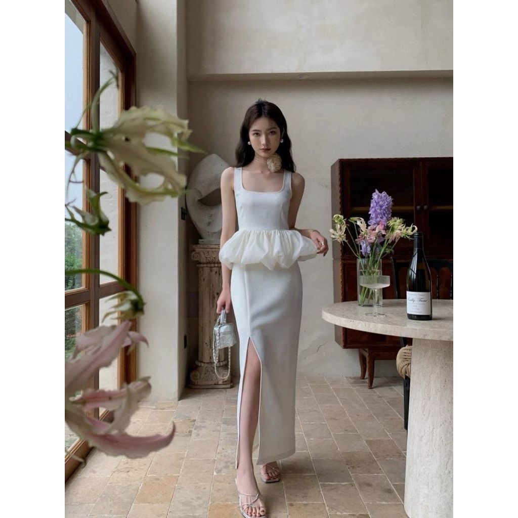 Eudora Tweed Set Puff Peplum Top with Slit Long Skirt / Setelan Atasan Rok