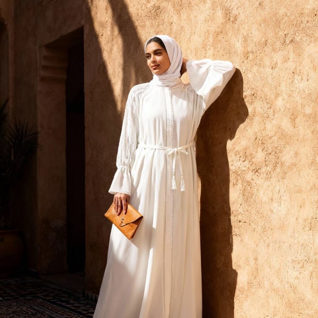 Gamis Abaya Lebaran 2026 Putih Wanita Muslimah Elegan Premium Busui Friendly