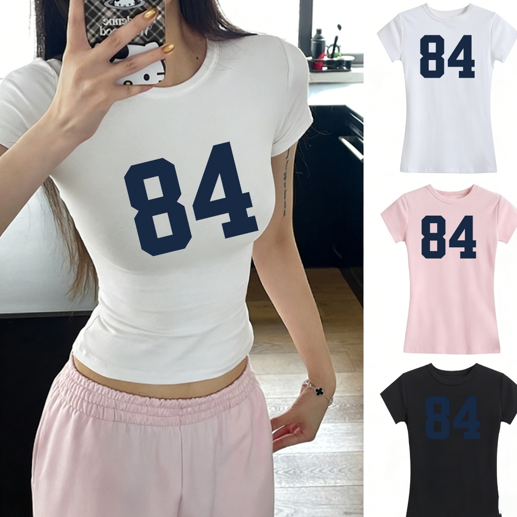 MYBRAND | COD | Kaos lengan pendek katun murni leher bulat baru dengan cetakan angka 84 untuk wanita
