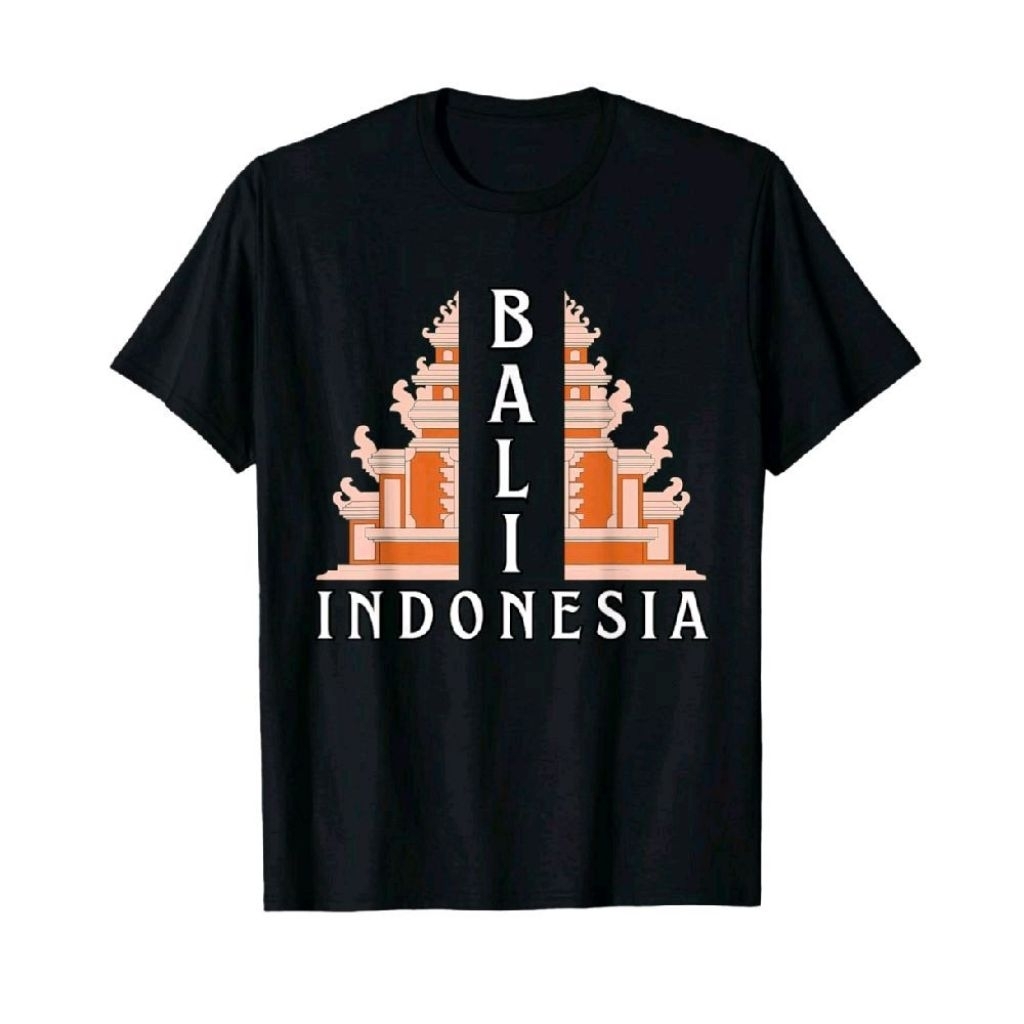 KAOS LENGAN PENDEK TULISAN BALI INDONESIA MOTIF RUMAH ADAT
