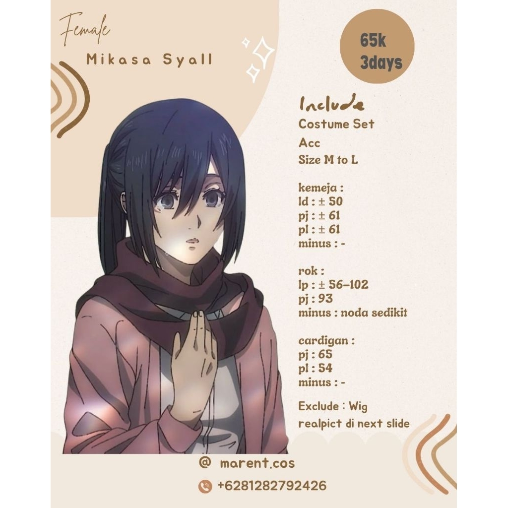 rental costum cosplay mikasa syall (sewa) no sale