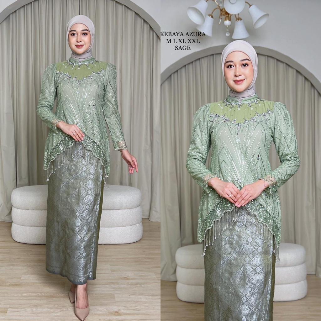 Stelan Kebaya Payet Rumbai Songket Tulle Floral M-XXL Sage Burgundy Denim Mahogani Emerald