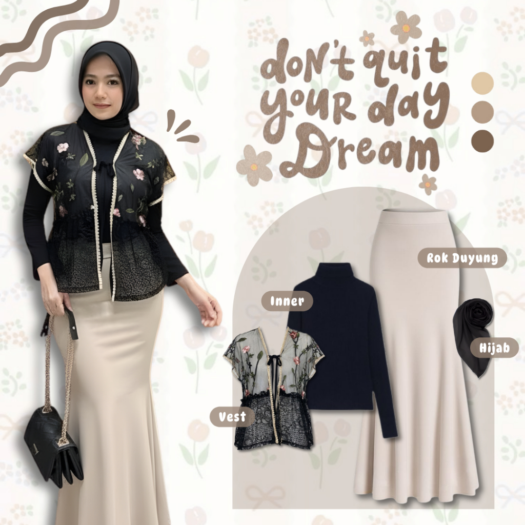 Baju One Set Lebaran Remaja Kekinian | Abela Vest Brokat Floral + Inner Manset Spandex Hitam + Rok D