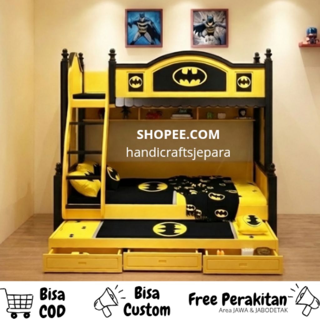 Tempat Tidur Tingkat Minimalis Karakter Batman , Ranjang Anak Kayu Solid