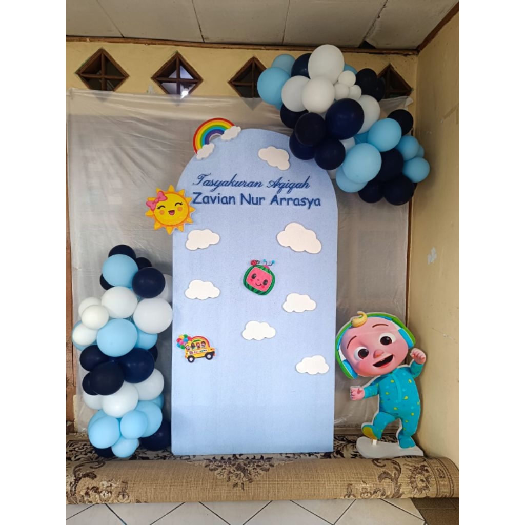 paket Backdrop dekorasi ulangtahun/ Tasyakuran/Aqiqah +Balon (tinggal tempel)
