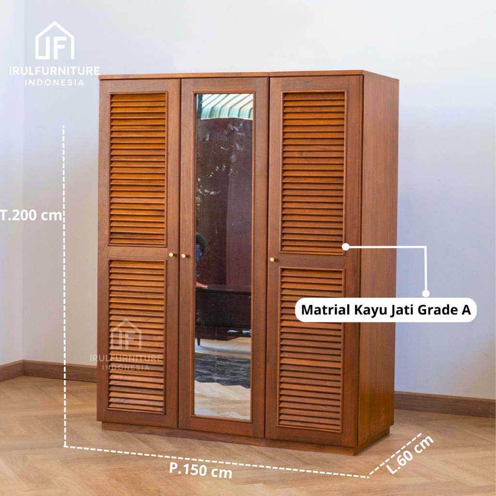 Lemari Pakaian Kayu Jati 3 Pintu | Lemari Baju Jati Minimalis Modern | Lemari Kayu Jati Solid