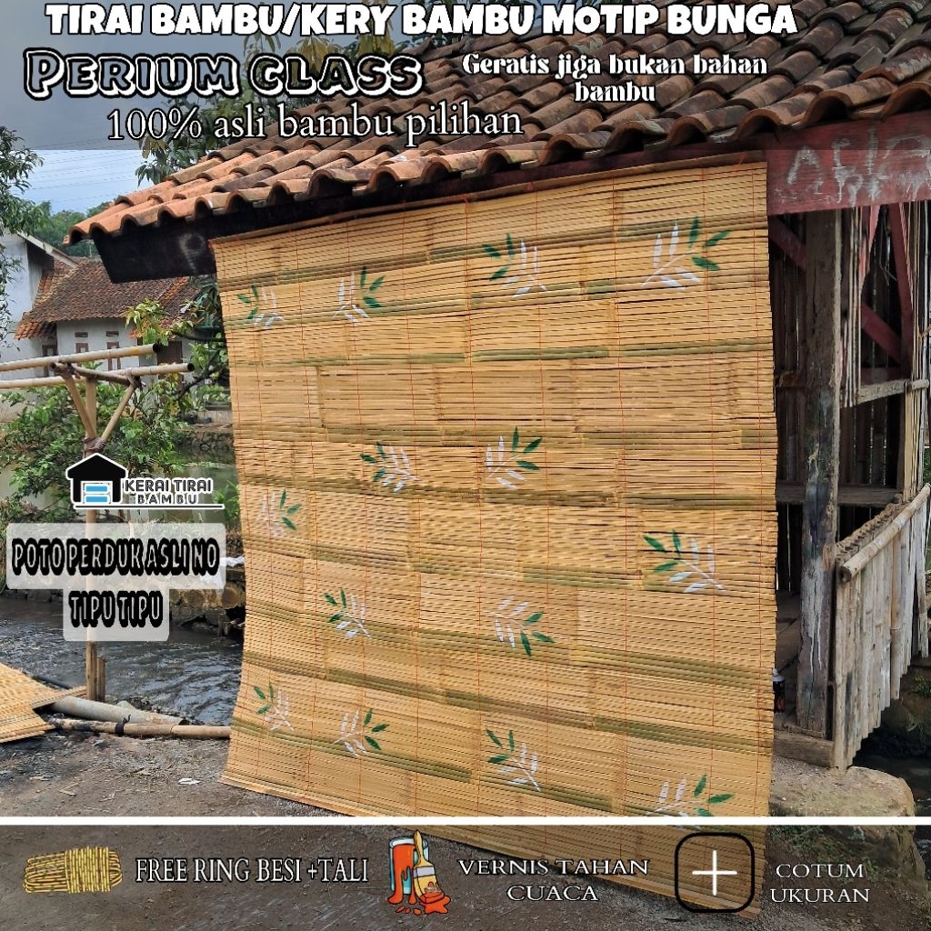 tirai bambu gulung motip bunga outdoor anti panas anti air Lengkap sama tarikan