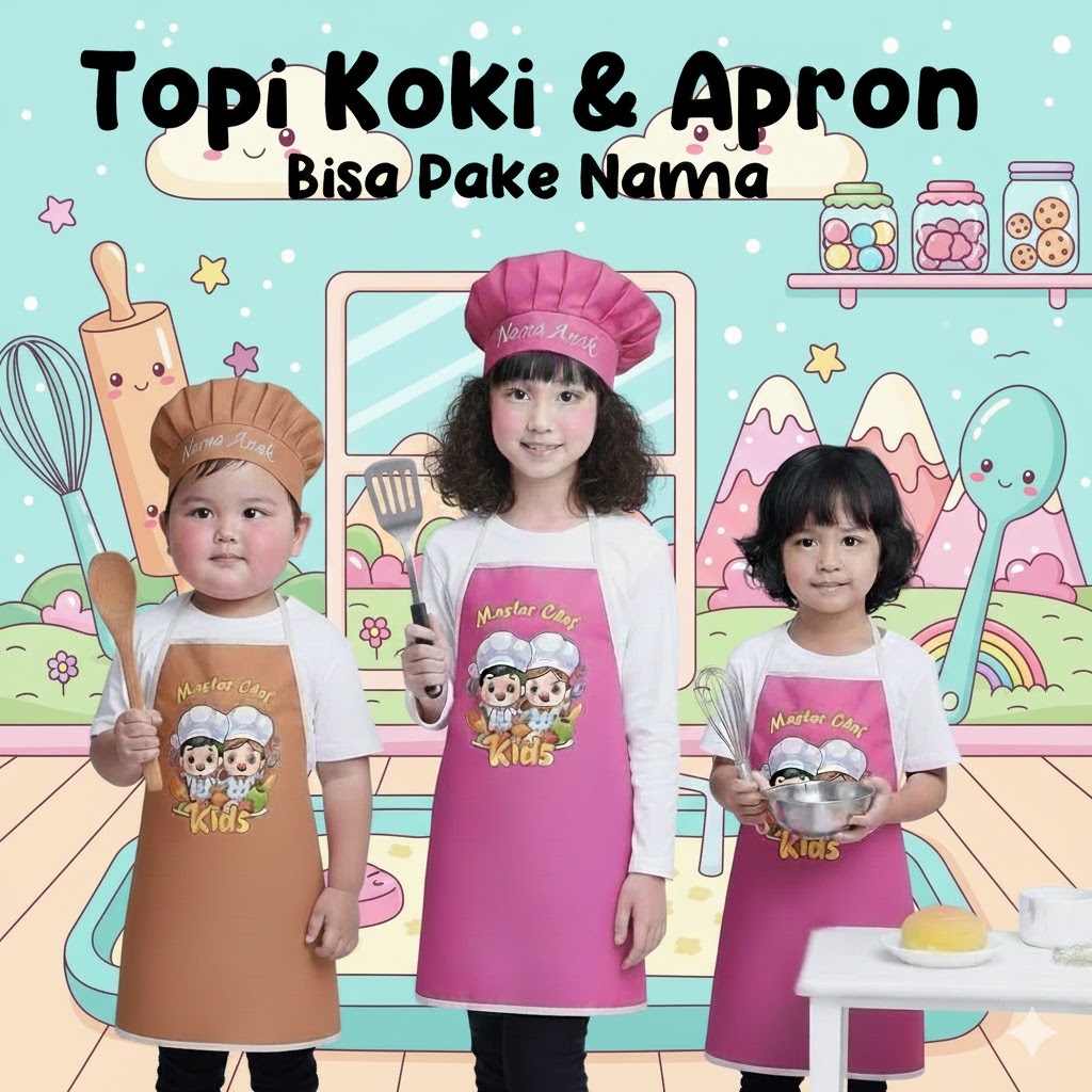 Apron anak custom nama Topi koki anak custom nama Celemek anak custom nama Set apron dan topi koki a