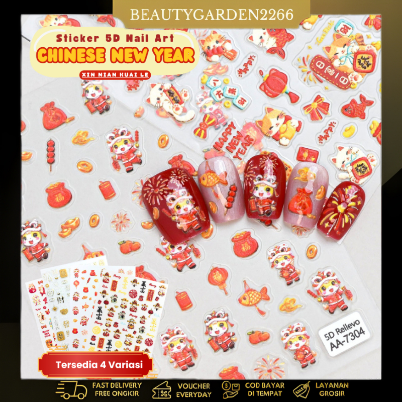 [ COD ] Stiker Kuku 3D Chinese Happy New Year Red Nail Art/Stiker Seri Merah Motif French/Motif Cat/