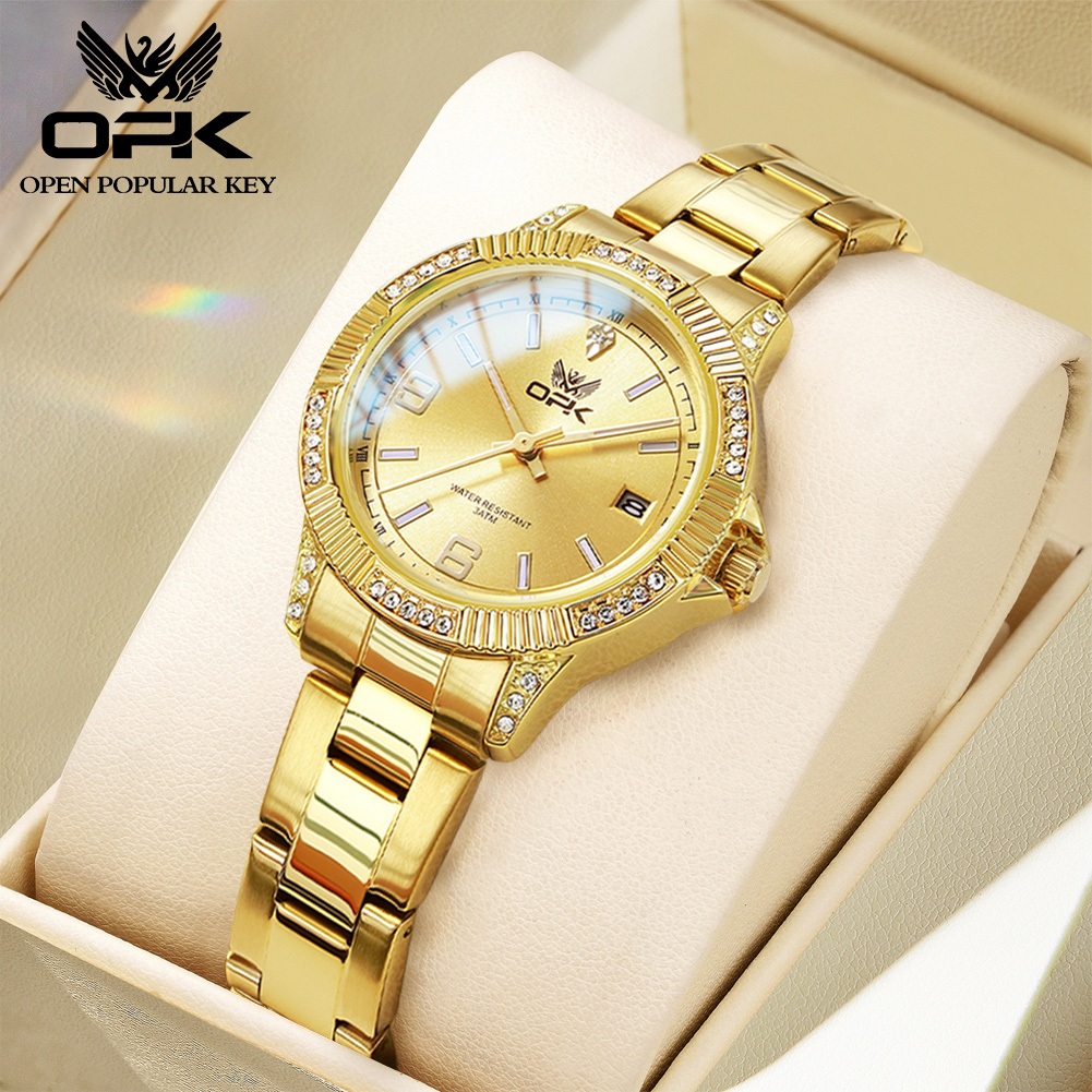 OPK Jam Tangan Wanita Anti Air Original Terbaru Stainless Steel Bercahaya Emas Fashion Women Watch M