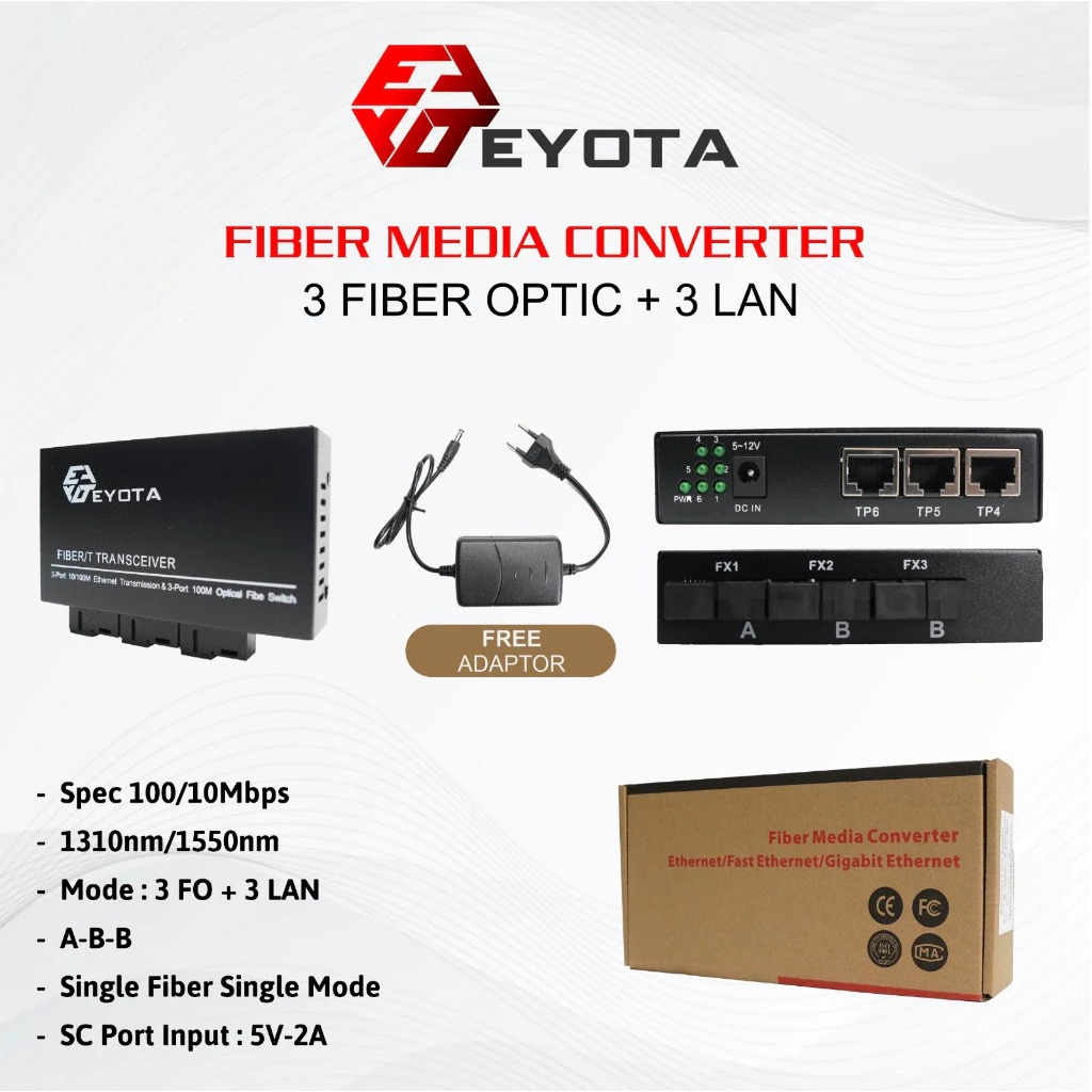 EYOTA Media Converter 3 FO 2 LAN/ 3 FO 3 LAN 10/100 Mbps  AAB/ABB