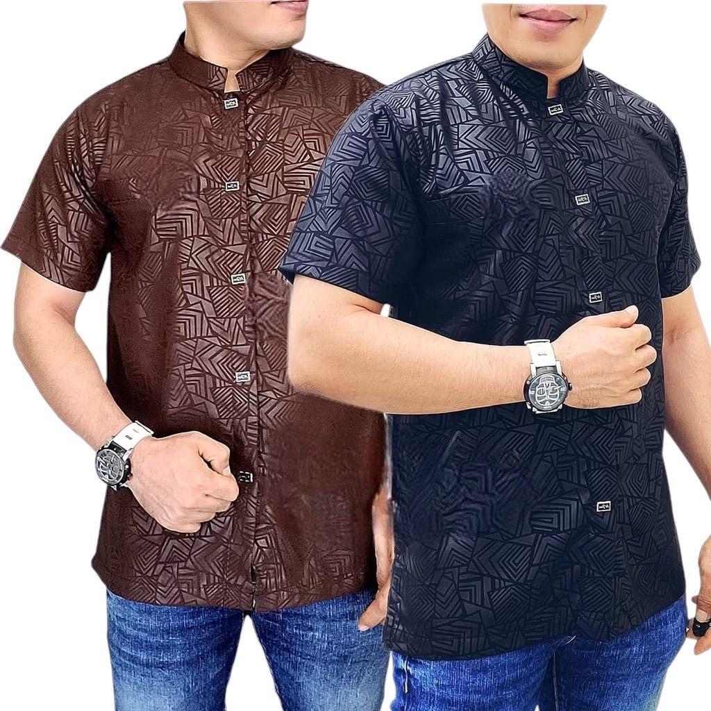 Baju Koko Pendek Emboss Pria Dewasa S-XXL Motif Emboss Formal Hitam Putih Navy