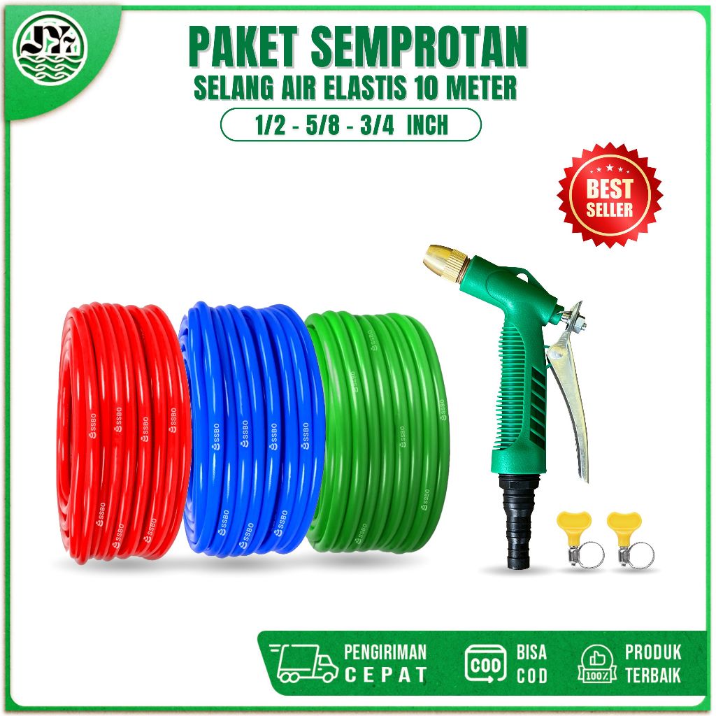 SEPAKET SEMPROTAN HITAM SELANG AIR 1/2 5/8 3/4 INCH 10 METER SELANG ELASTIS DOP SELANG TAMAN PERKEBU