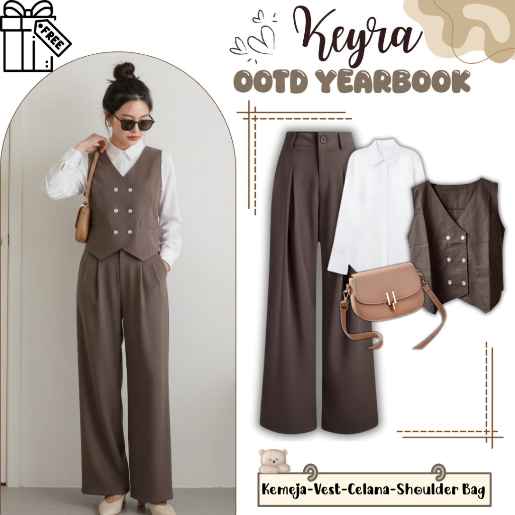 Keyra Set Outfit 3 In 1 Simple ( Kemeja, Vest, Celana Kulot, shoulder Bag ) Setelan Casual Yearbook 