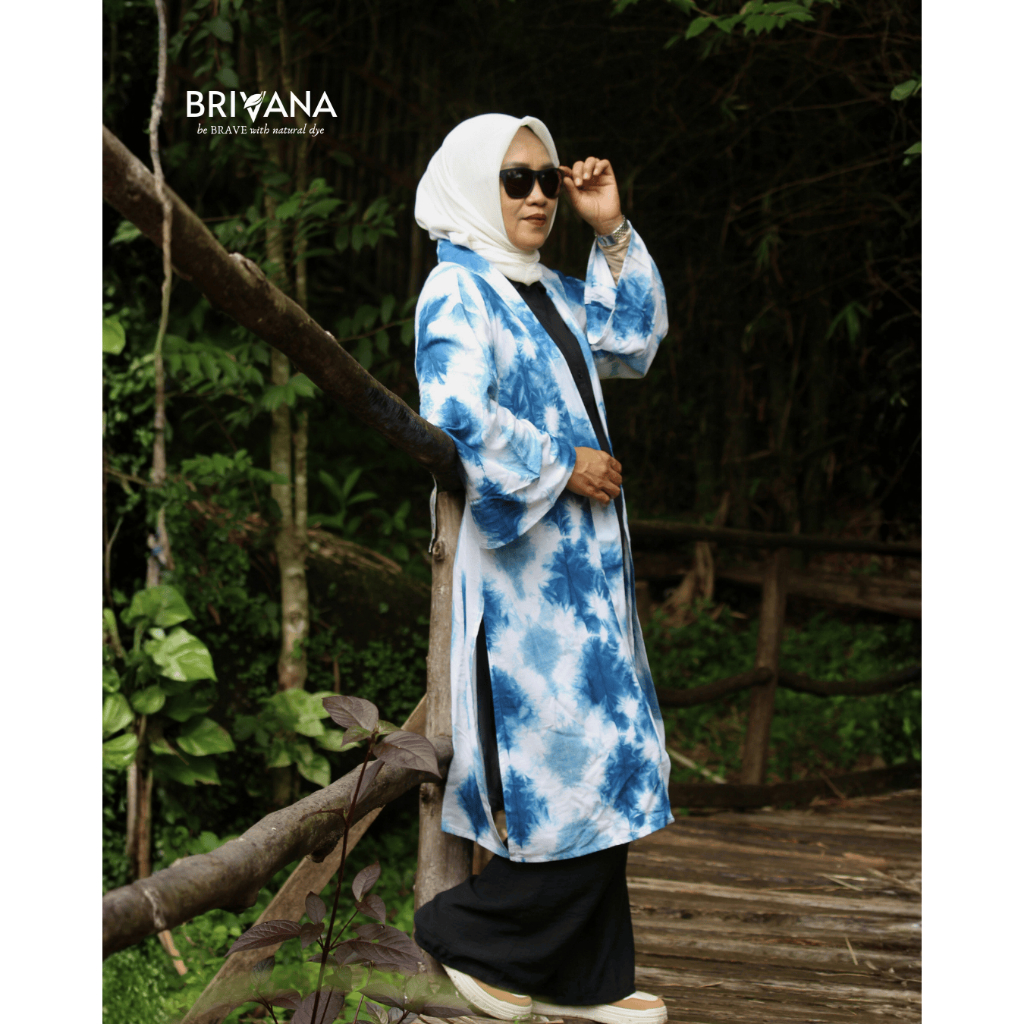 Brivana Long Outer Wanita Rayon Motif Diamond Shibori Handmade Warna Alam Indigofera