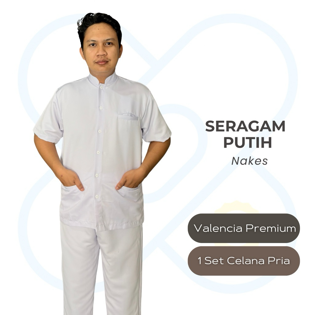 Seragam Putih Nakes Pria Premium /Baju Nakes putih pria/ Baju perawat putih pria