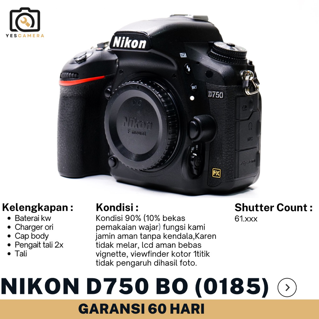 Nikon D750 BO (Bekas) - 24,3MP, Layar Lcd Miring, Wifi, Video Full HD - Unit Only(0185)