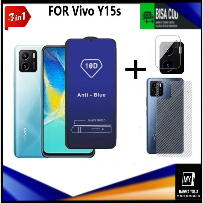Promo Paket 3in1 Tempered Glass Anti Blue Light Vivo Y15s 2021 2022 Y01 Full Cover Anti Radiasi Caha