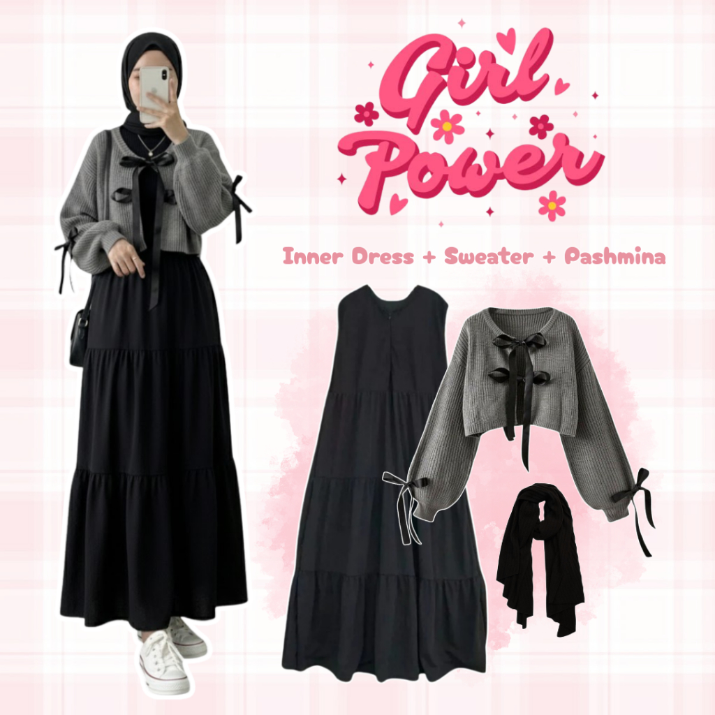 One Set Outfit Hijab Modest Kekinian 3in1 / Inner Dress Hyget Super Busui Friendly + Sweater Rajut +