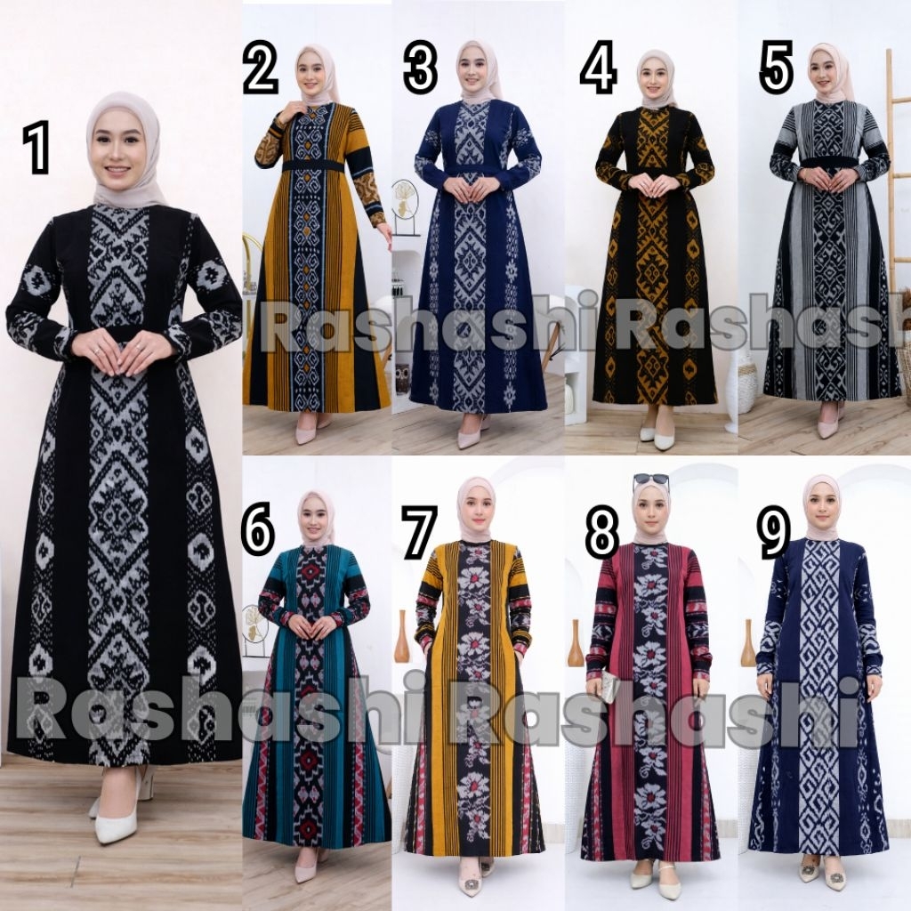 Gamis Wanita Motif Tenun Etnik Lengan Manset Syari