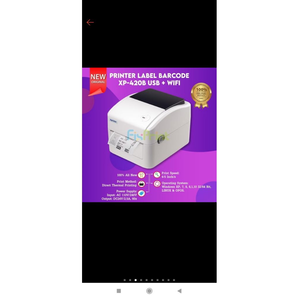 Printer XP420B XP-420B USB Bluetooth Xantri Thermal Label BT-112 108mm Resi