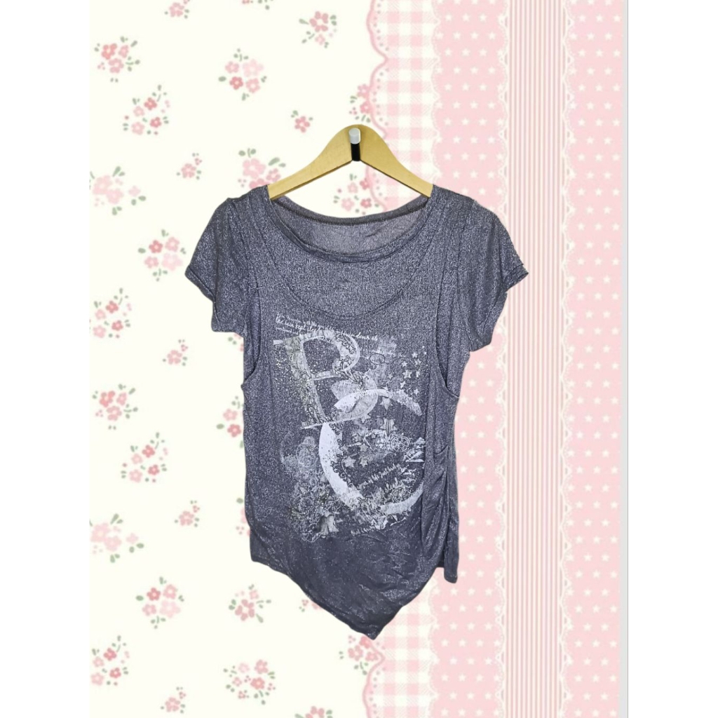 Y2k Glam Silver Artwork Top Kawai 2000's