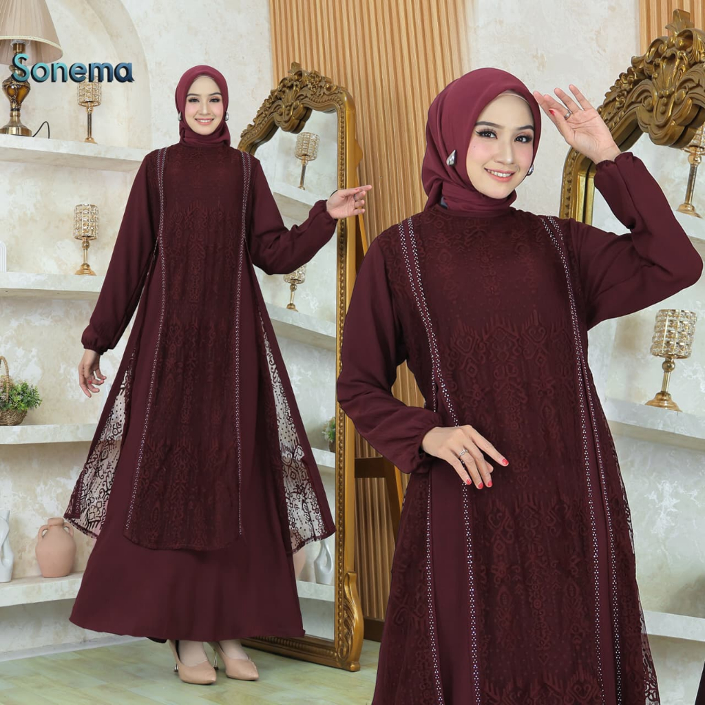 Gamis Sonema Crinkekel Air Flow Kombinasi Brokat Simple Dan Elegan