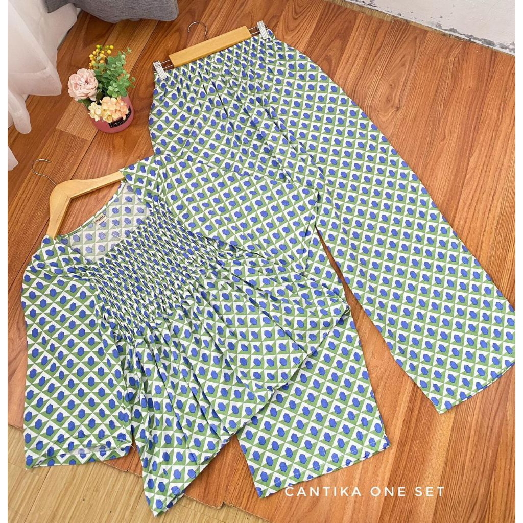 Cantika oneset yayuku/ Cantika set yayaoe hijab/ setelan wanita dada smok lengan panjang celana panj