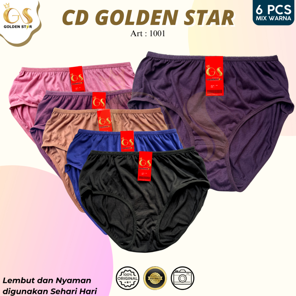 (PROMO MURAH) 6 Pcs Celana Dalam Wanita Golden Star Katun Dingin Motif Polos Katun Premium / CD Wani