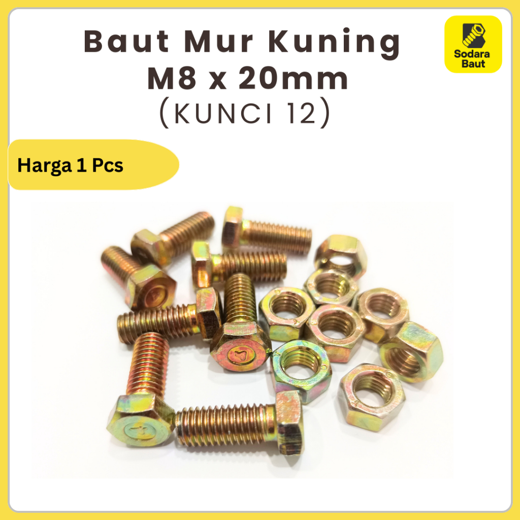 Baut M8x20mm + Mur Hexagon Kuning (KUNCI 12) | Baut 12 (8mm) x 2cm