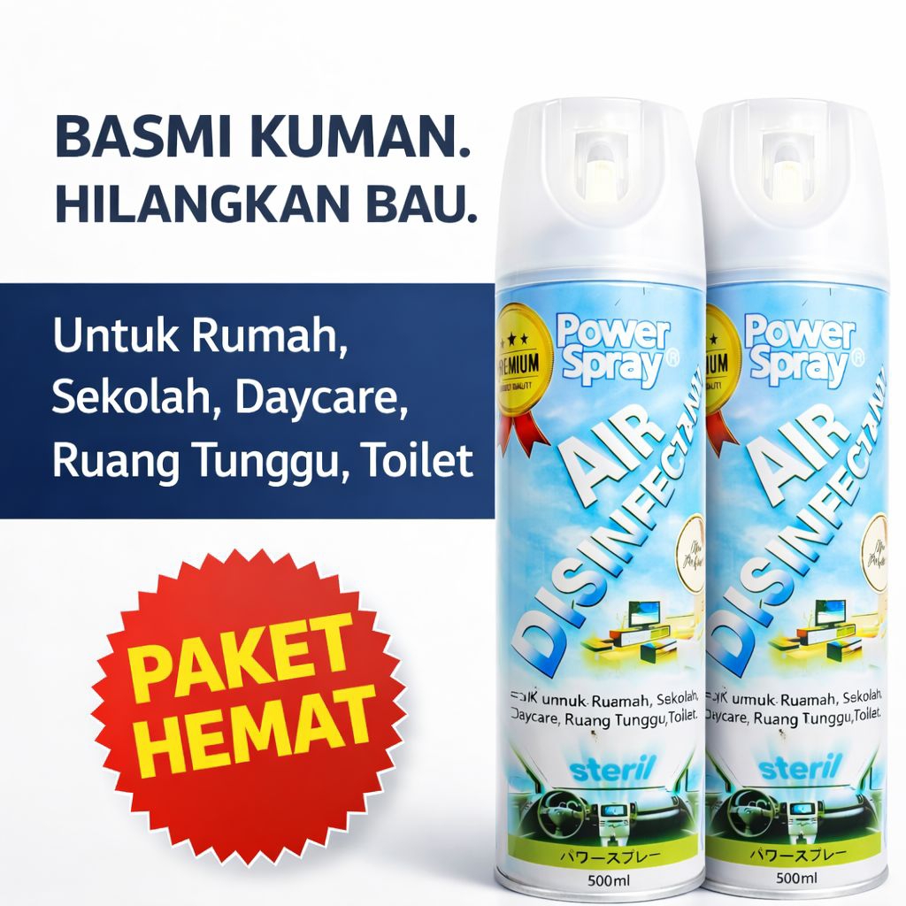 Power Spray Air Disinfectant 2pcs x 500ml Basmi Kuman dan Hilang Bau Formula Food Grade by Klafia