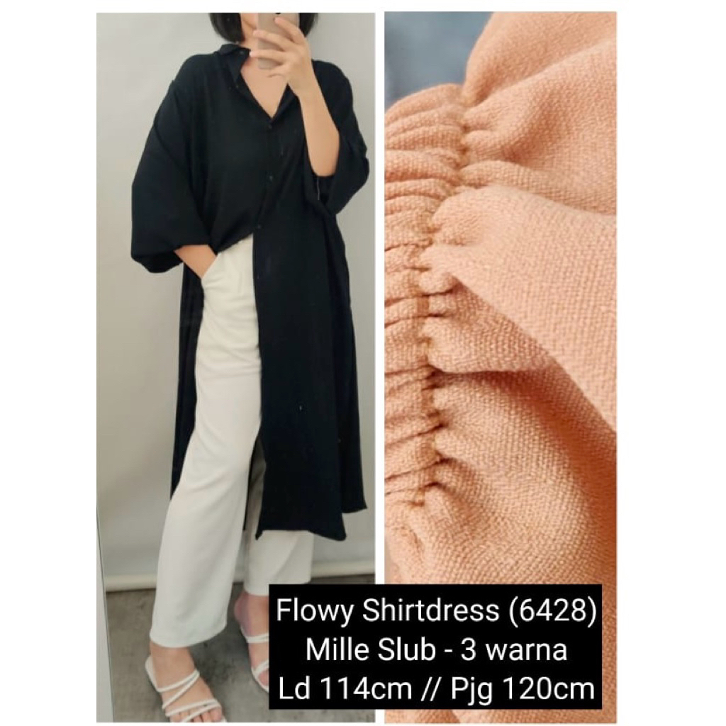 Long dress kemeja panjang polos double looks / Dress panjang putih berkerah full kancing 5010