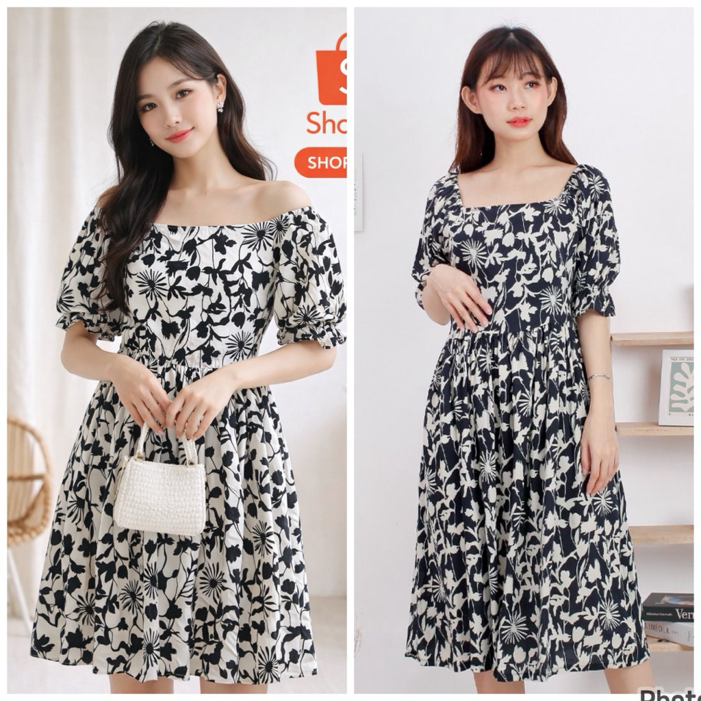 Dress pantai wanita / sabrina dress rayon adem / dress korea motif abstrak estetik hitam putih 5013