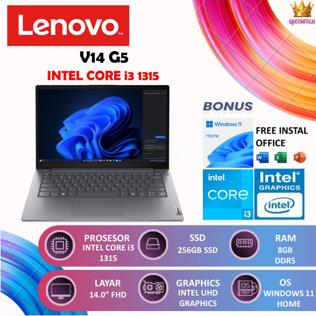 LAPTOP BARU Lenovo V14 G5 Intel Core i3 1315 [8GB/256GB] Windows 11 14.0FHD