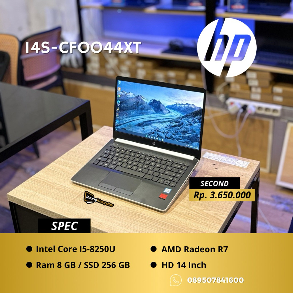 Laptop HP 14S-CF0044XT Intel Core I5-8250U RAM 8GB SSD 256GB HD 14 Inch Second Bergaransi