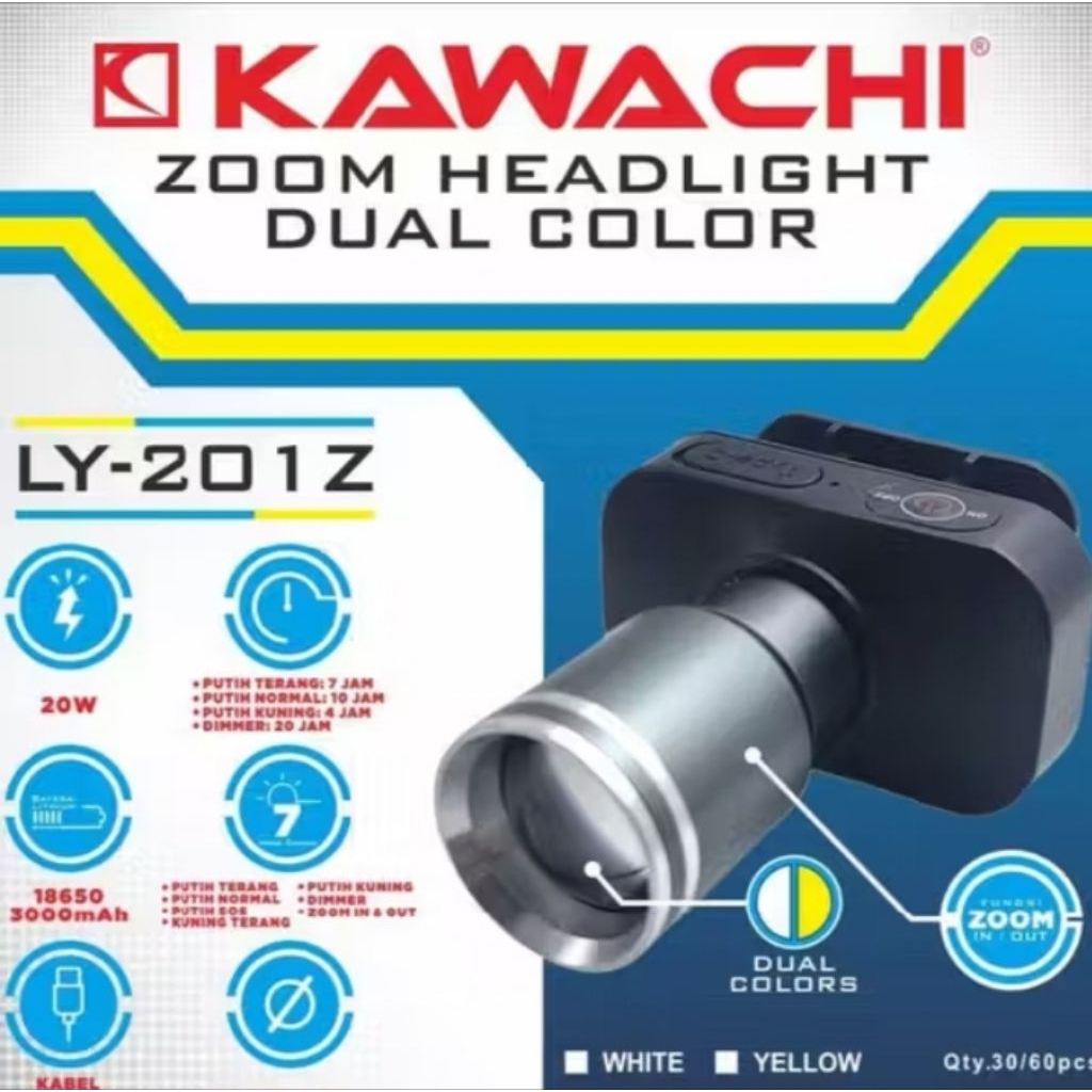 ly-201 senter kepala kawachi zoom led laser dua cahaya putih dan kuning 20watt senter kepala super t