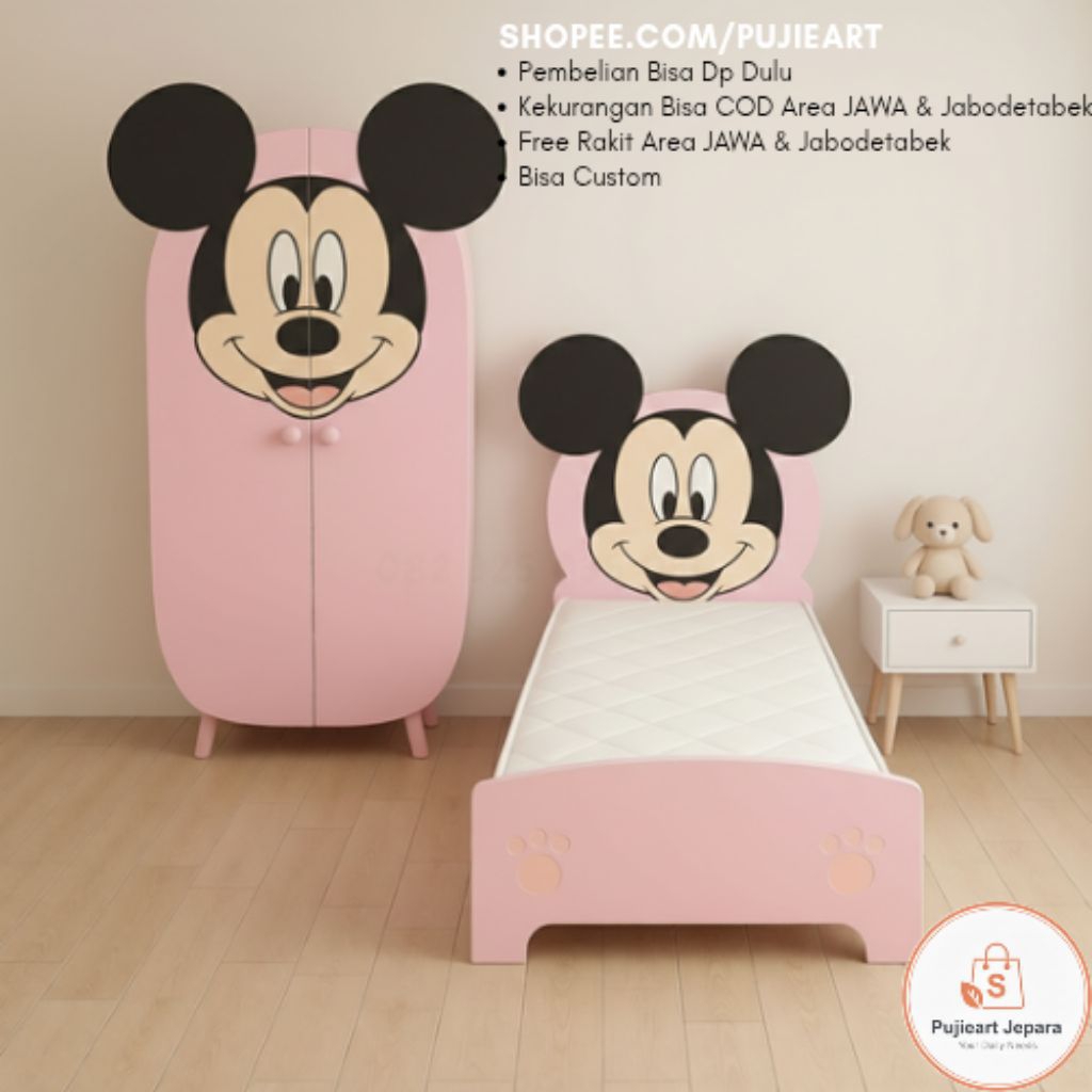 Tempat Tidur Anak Lemari Karakter Mickey Mouse , Ranjang Kayu Pink Anak Perempuan